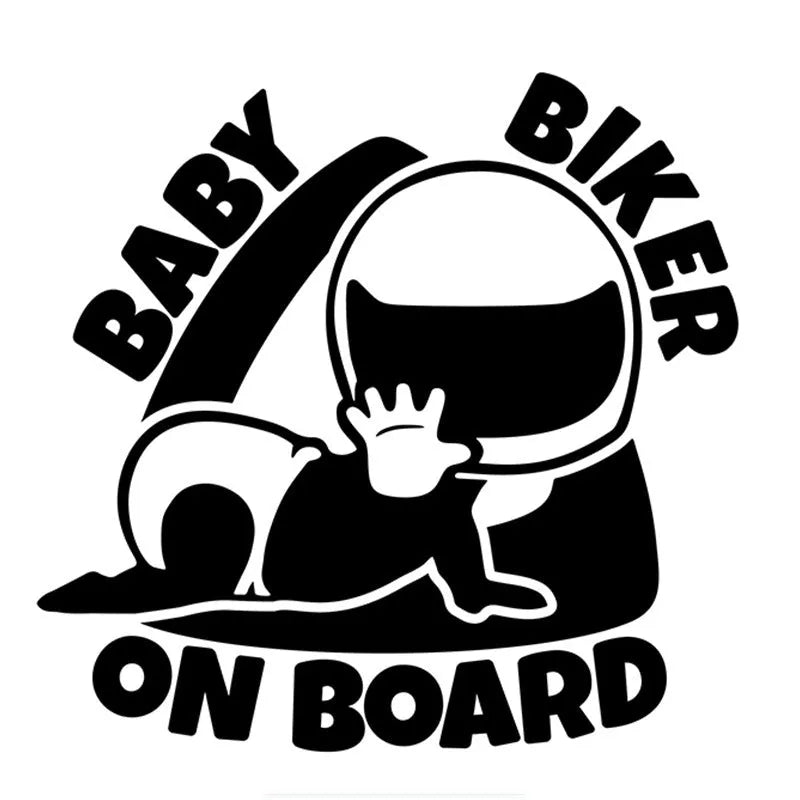 Black and white reflective BABY ON BOARD car sticker measuring 14.5 by 15 centimetres.
