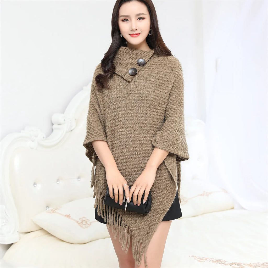 Warm sleeveless cloak knitwear with dots pattern in khaki colour, free size, acrylic fibre