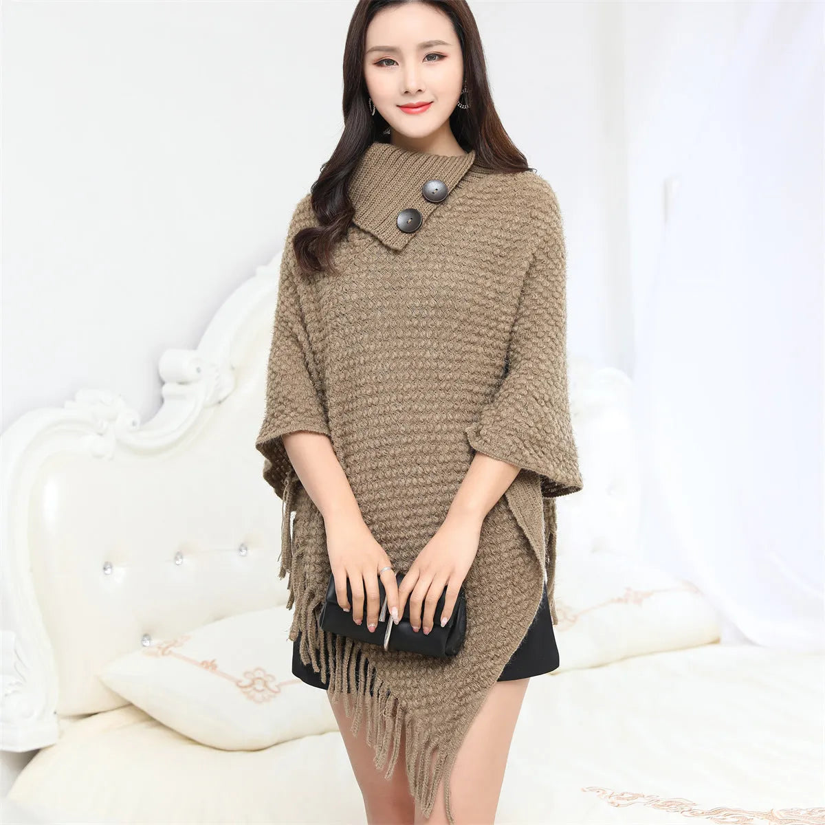 Warm sleeveless cloak knitwear with dots pattern in khaki colour, free size, acrylic fibre