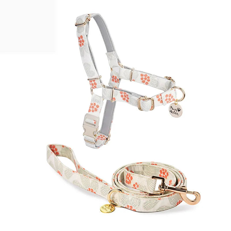 Polyester dog chest strap harness in Early Snow colour with hand-holding rope, side view on floor