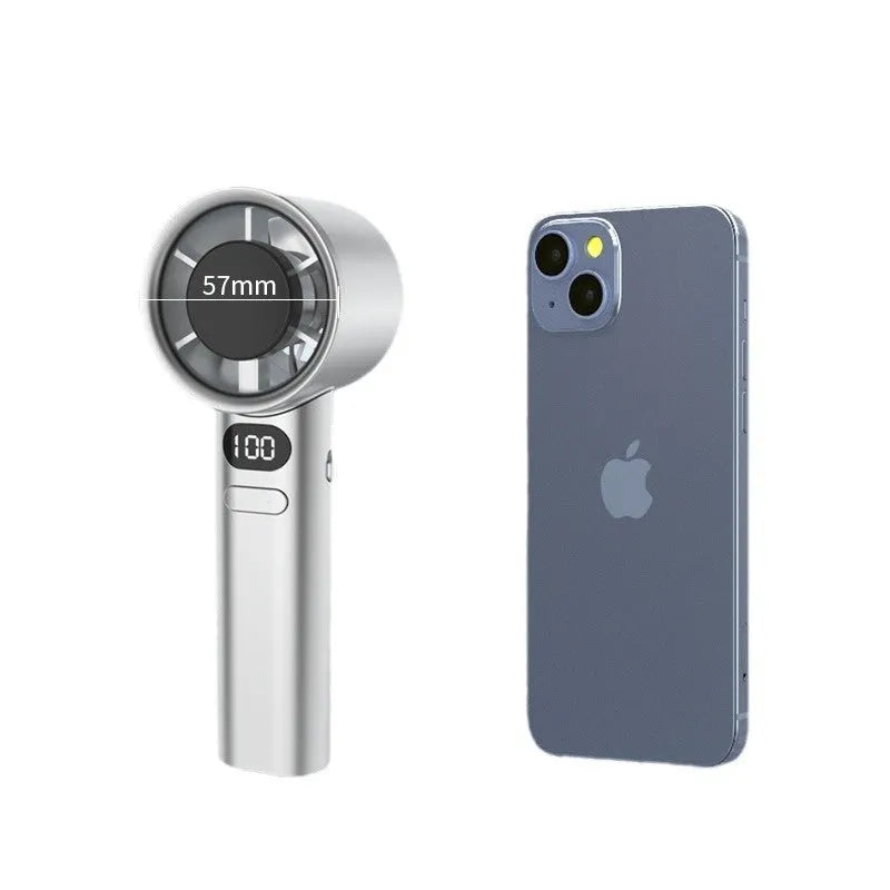 A handheld personal fan showing one of four colour options: Green, Khaki, Silver, or White.