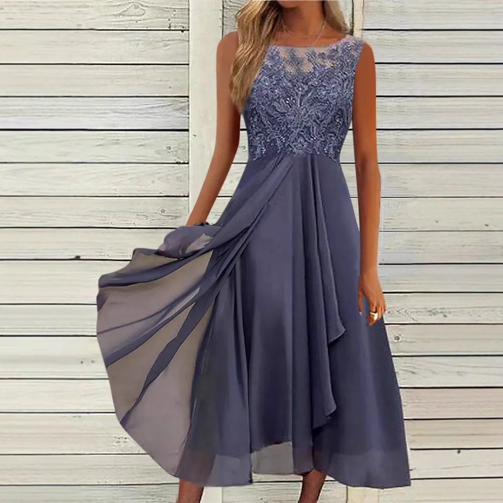Women's sleeveless midi-length chiffon dress with lace hollow-out stitching in blue.