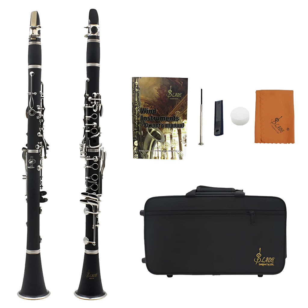Black Bakelite beginner clarinet with nickel keys and a black carrying bag.
