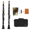 Black Bakelite beginner clarinet with nickel keys and a black carrying bag.