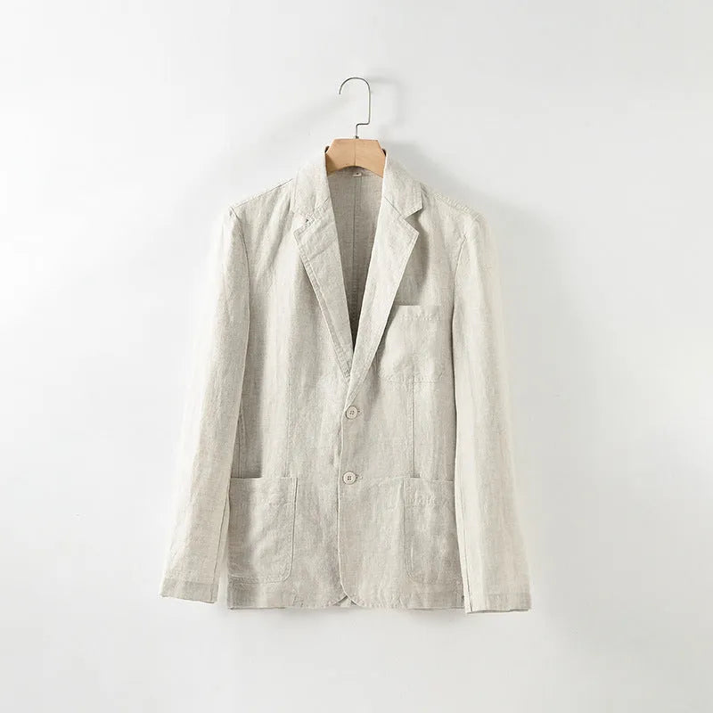 Men's thin solid colour linen coat with stick pockets on a hanger.