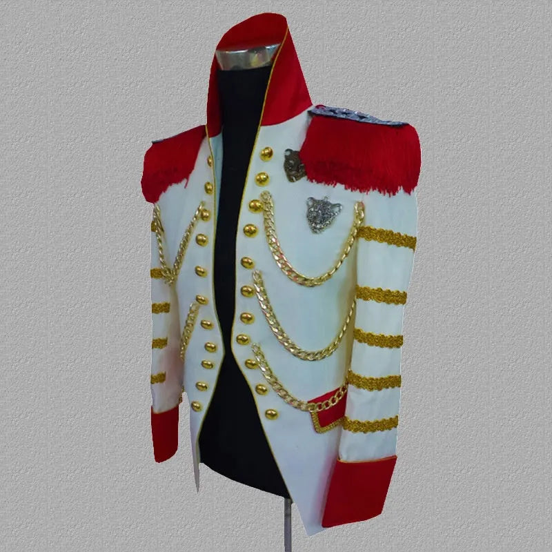 White men's slim fit stage jacket with black tassels on front, polyester fabric, long sleeves