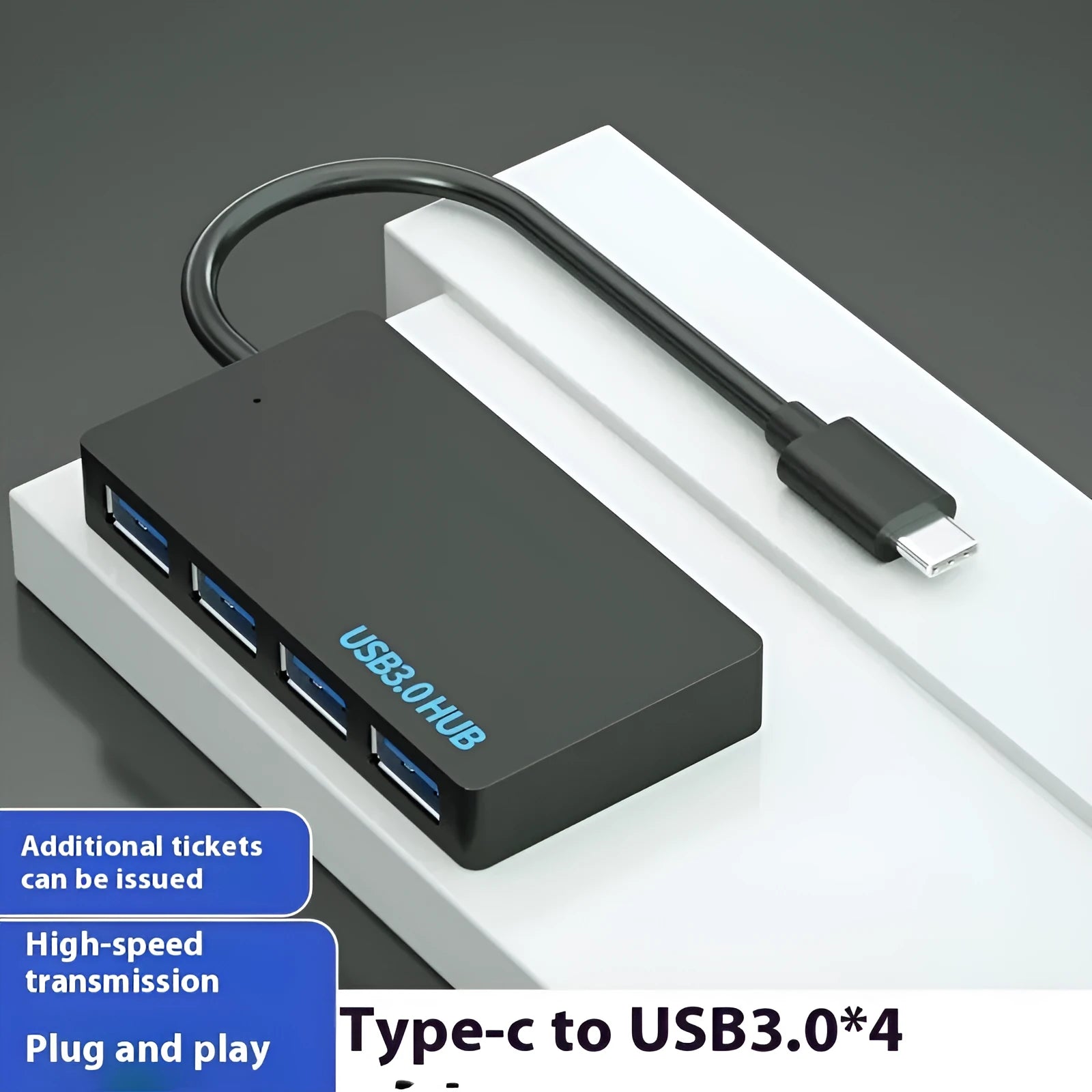 A white one-to-four-port USB hub with a 20cm cable, shown with USB-A and Type-C connector options.