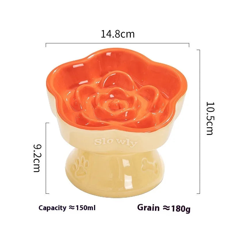 White ceramic pet bowl with a high foot neck and slanted rim for cat or dog feeding
