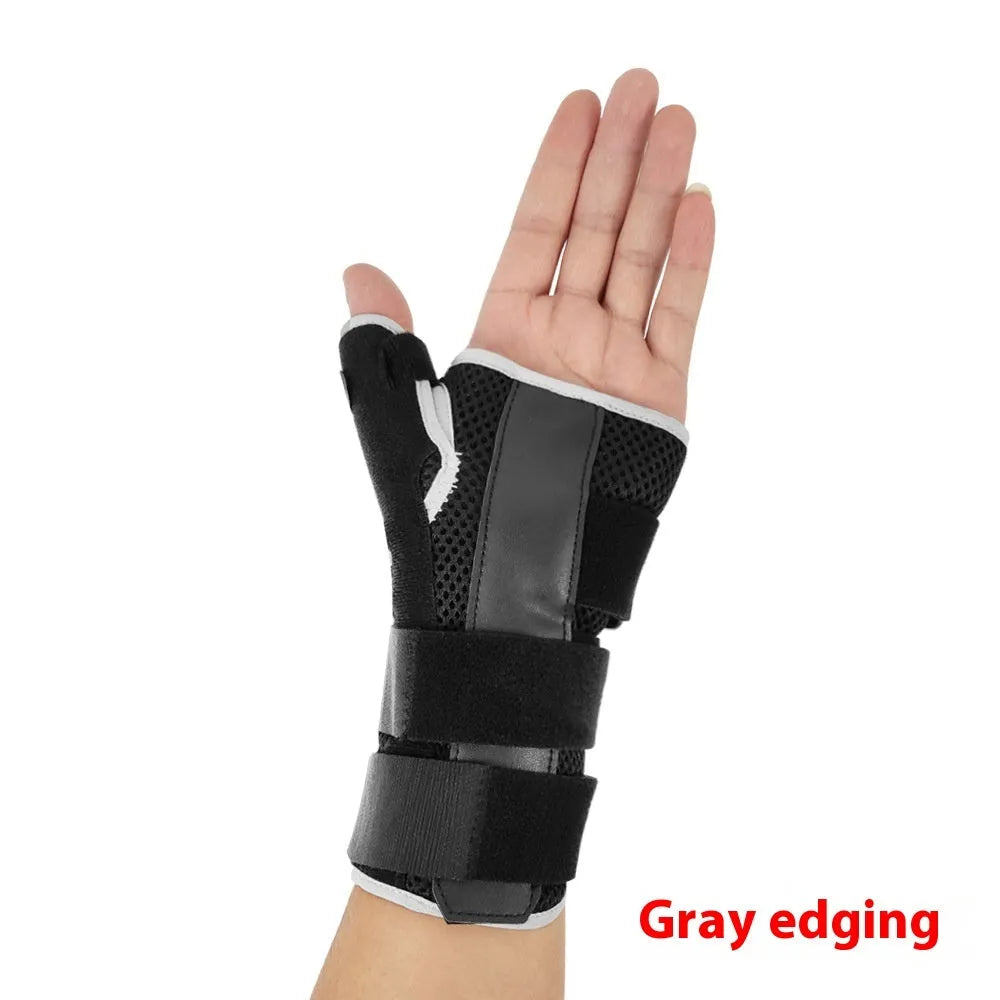 Black carbon fibre wrist guard with thumb strap and grey edging, shown for left and right hand.