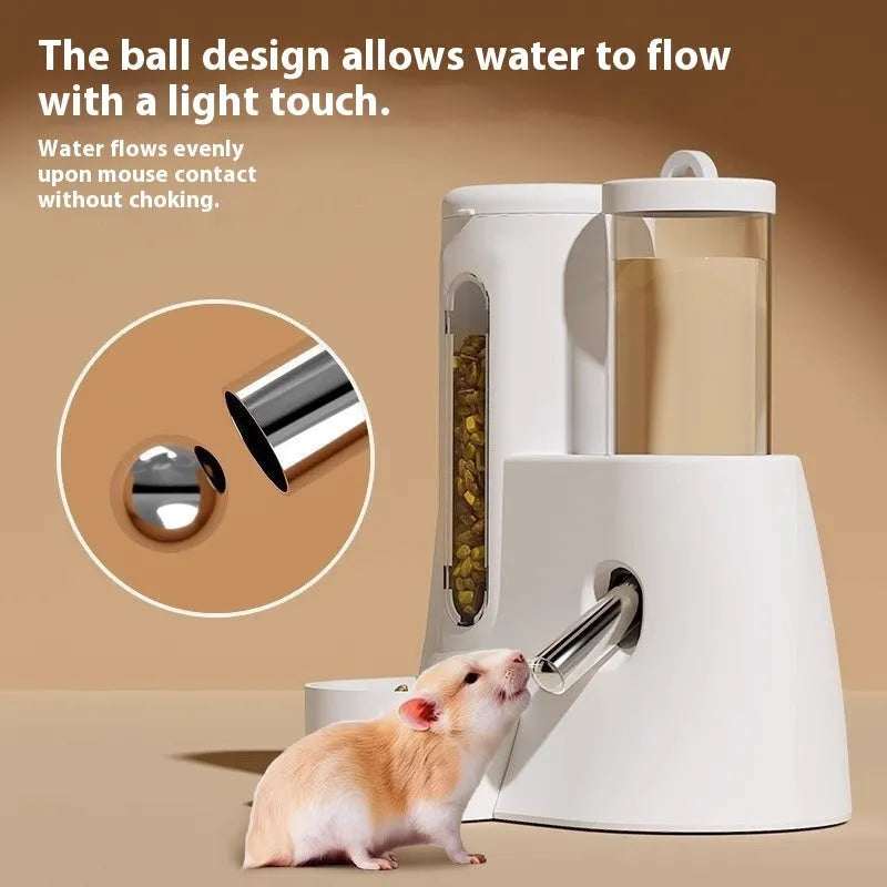 White automatic water feeder and food basin set for hamsters on a blue background.