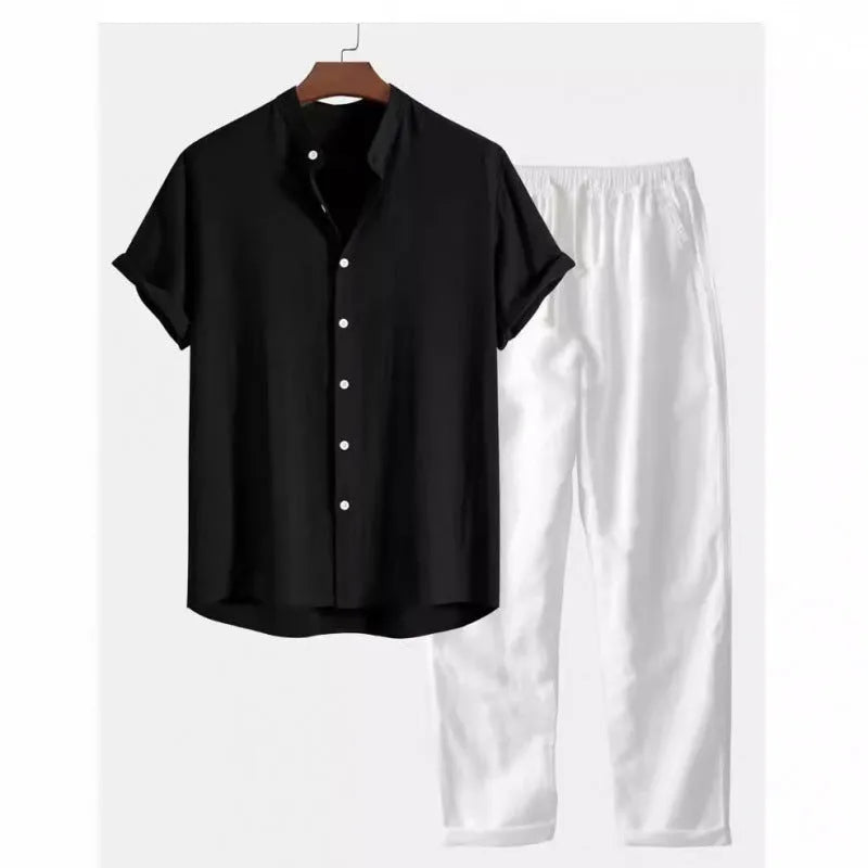 Men's casual short sleeve shirt and trousers set in polyester linen fabric with loose fit