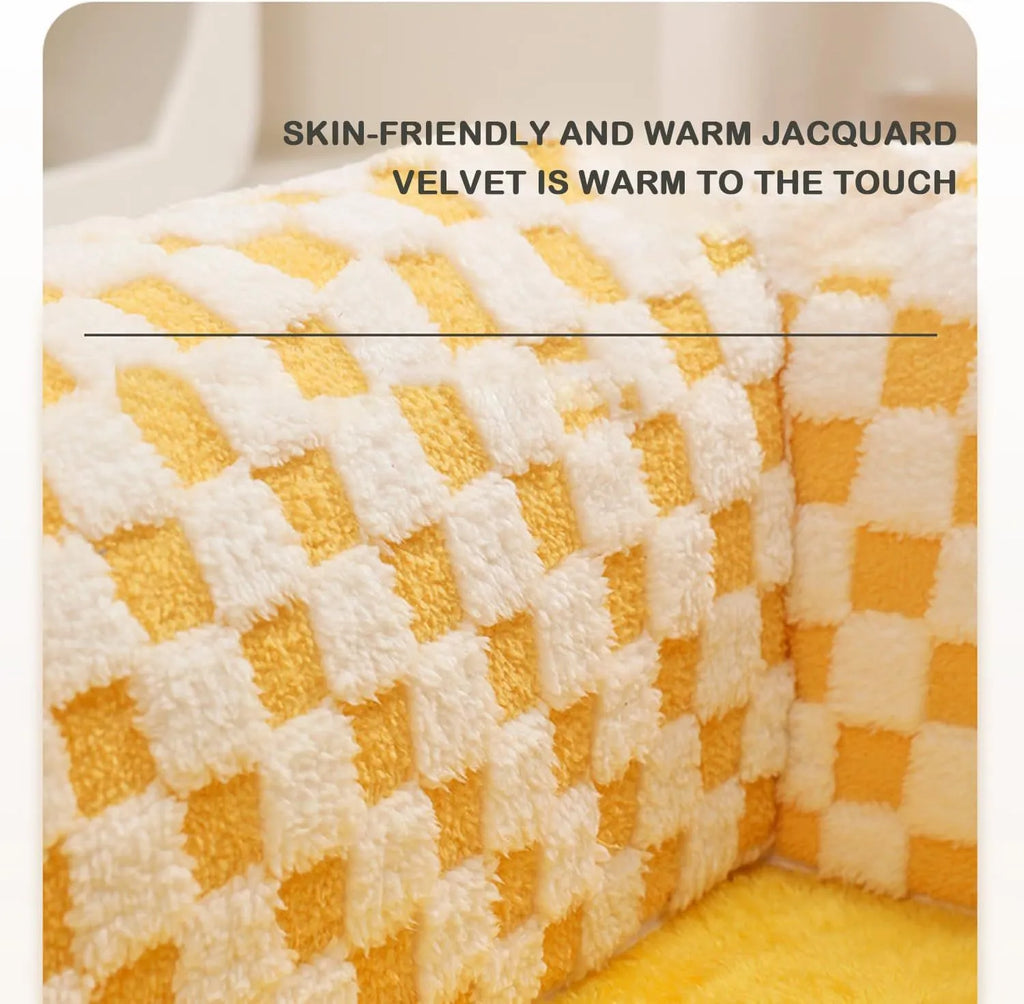XL fan-shaped plush pet bed tunnel with a plaid pattern, shown in coffee colour.