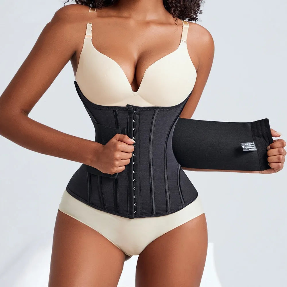 Nylon belly band waist trainer for tummy control and postpartum support, shown in black.