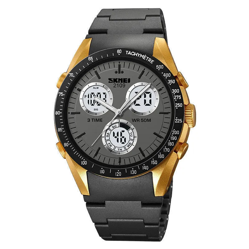 Unisex digital watch with camouflage strap and resin lens, showing time display and stainless steel buttons.