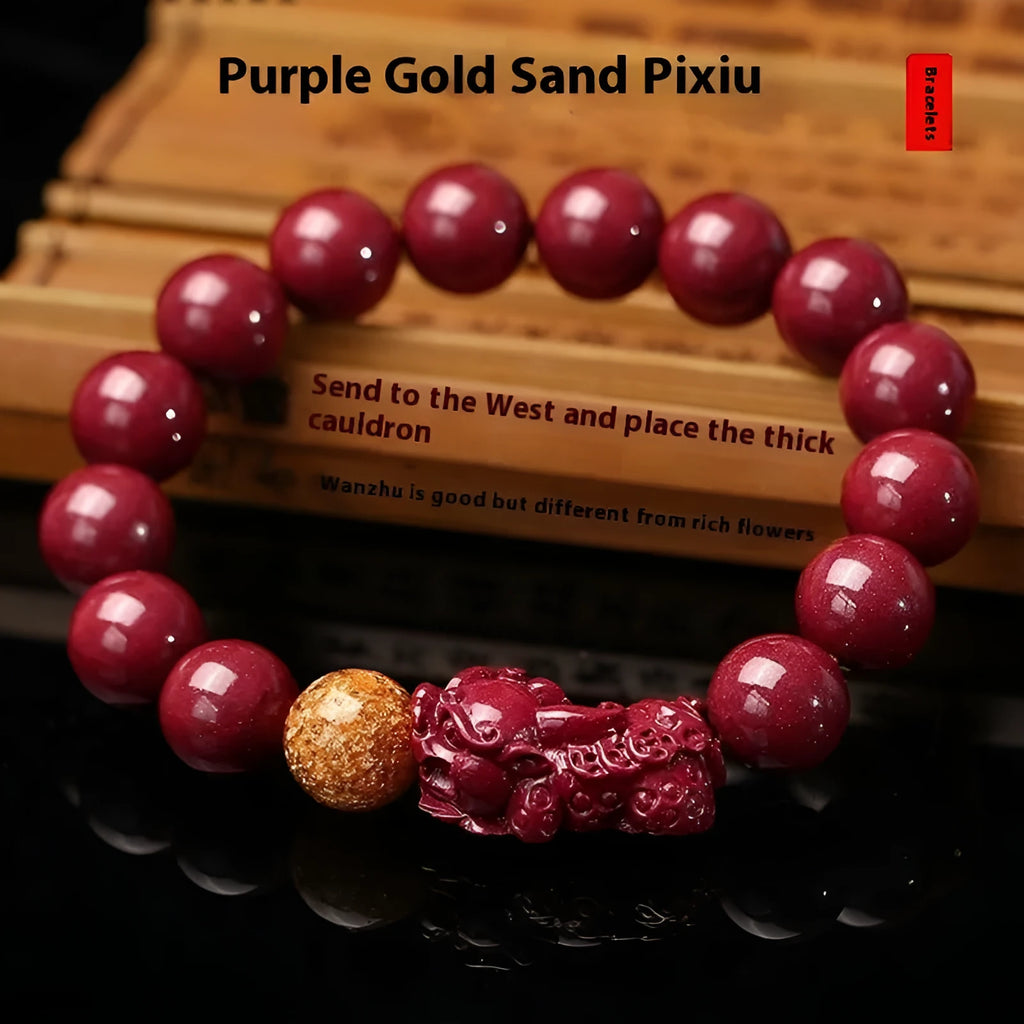 Purple gold sandstone cinnabar bracelet with Year Of Fate totem pattern in three bead sizes