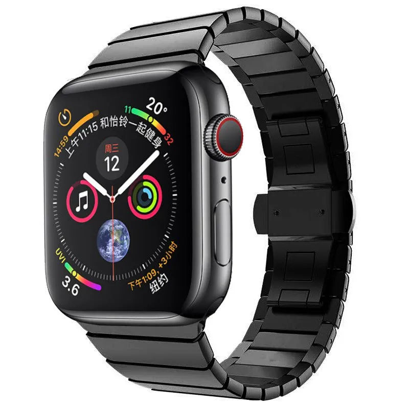 Stainless steel metal watch strap with butterfly buckle for Apple Watch in multiple colour options
