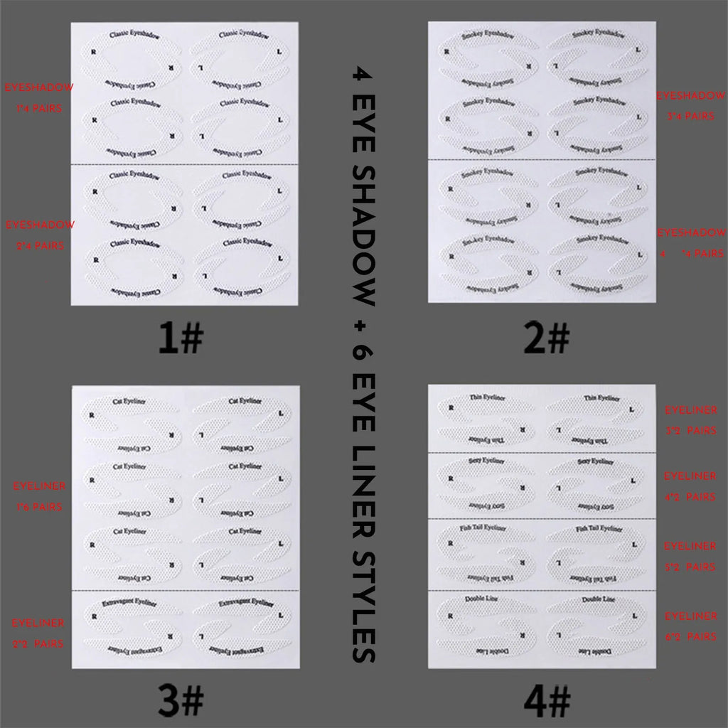 Set of four clear, flexible eyeliner and eyeshadow stencil stickers on a pink background.