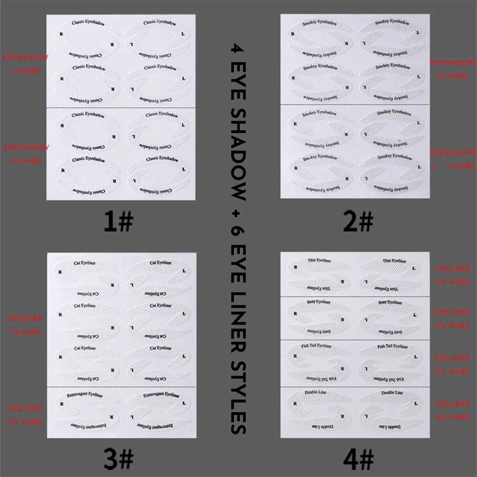 Set of four clear, flexible eyeliner and eyeshadow stencil stickers on a pink background.