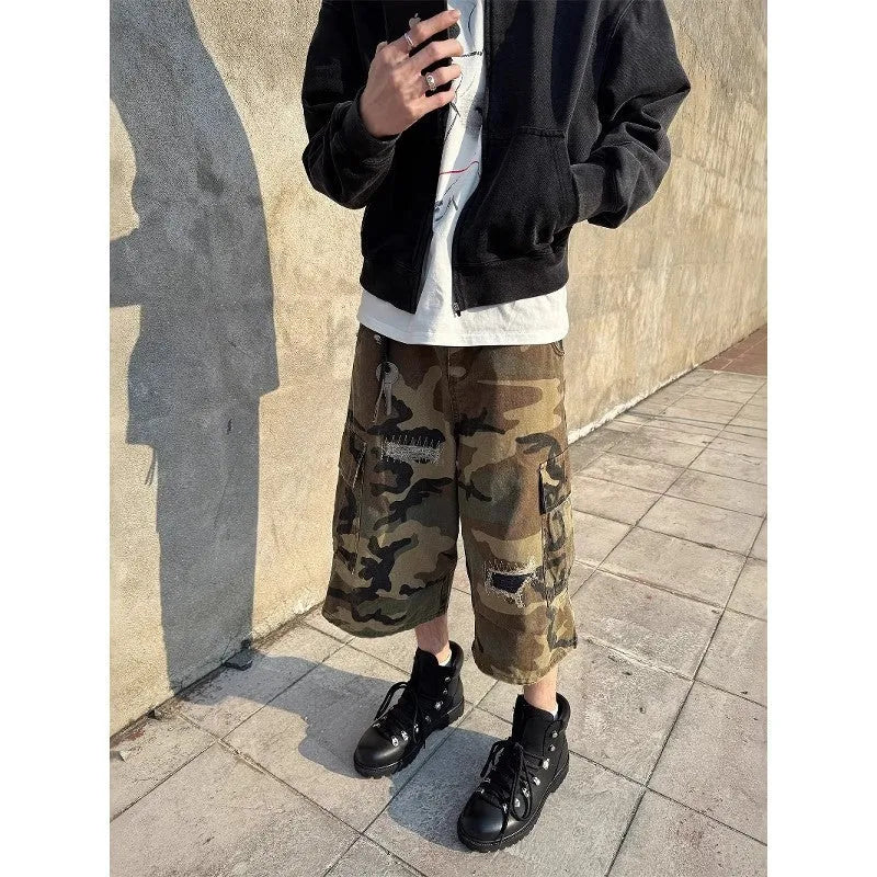 Men's camouflage cropped jeans with patch ripped detailing and straight leg cut