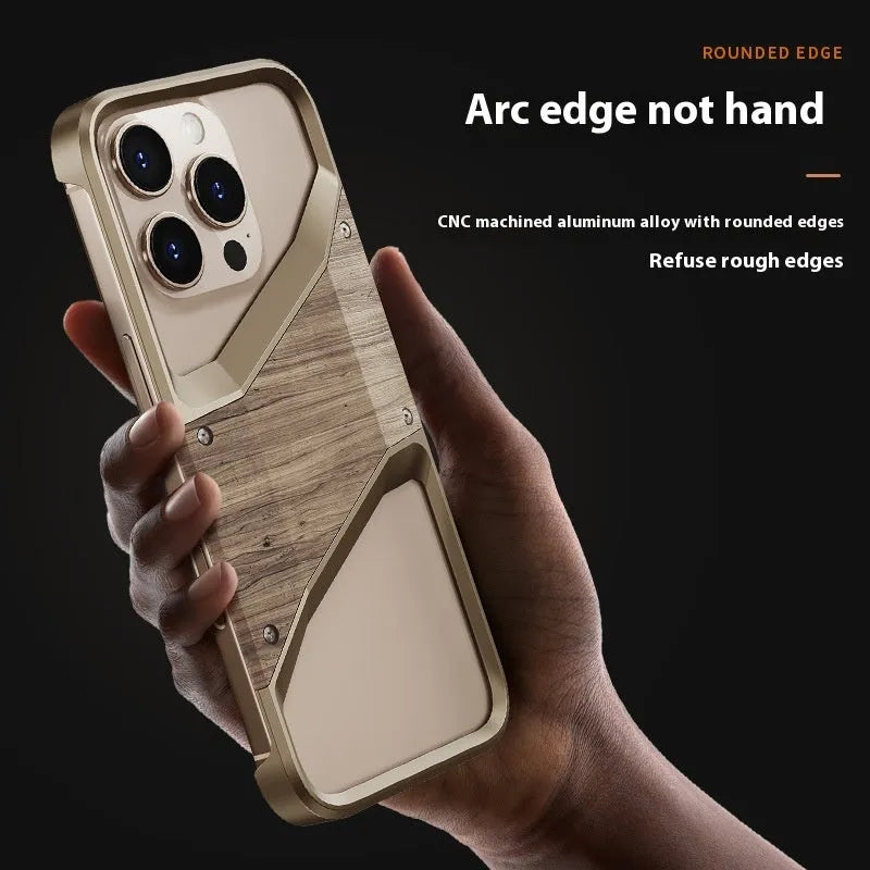 Hollow solid wood phone case with aluminium alloy frame in desert gold colour for iPhone