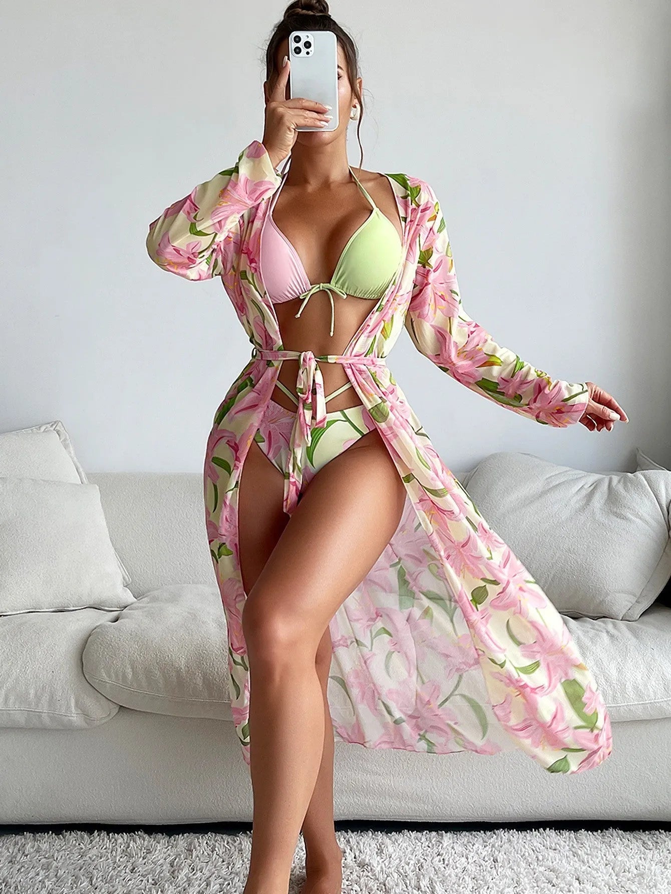 Women's printed bikini swimsuit on a mannequin, showing European and American style cut.