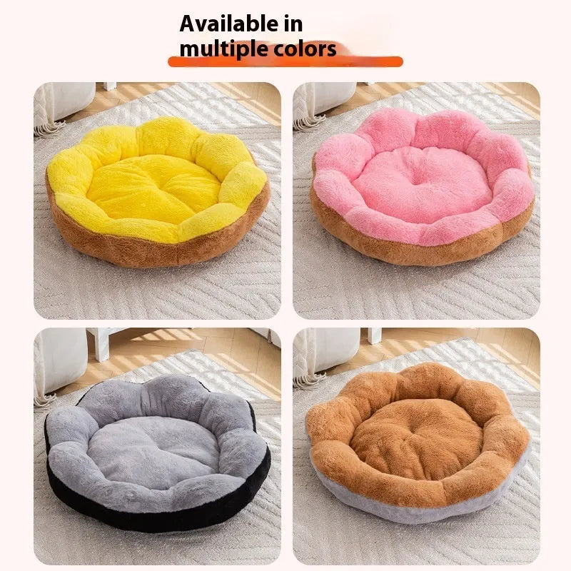 Round plush rabbit cat bed with removable inner nest in brown grey colour, showing deep walls.