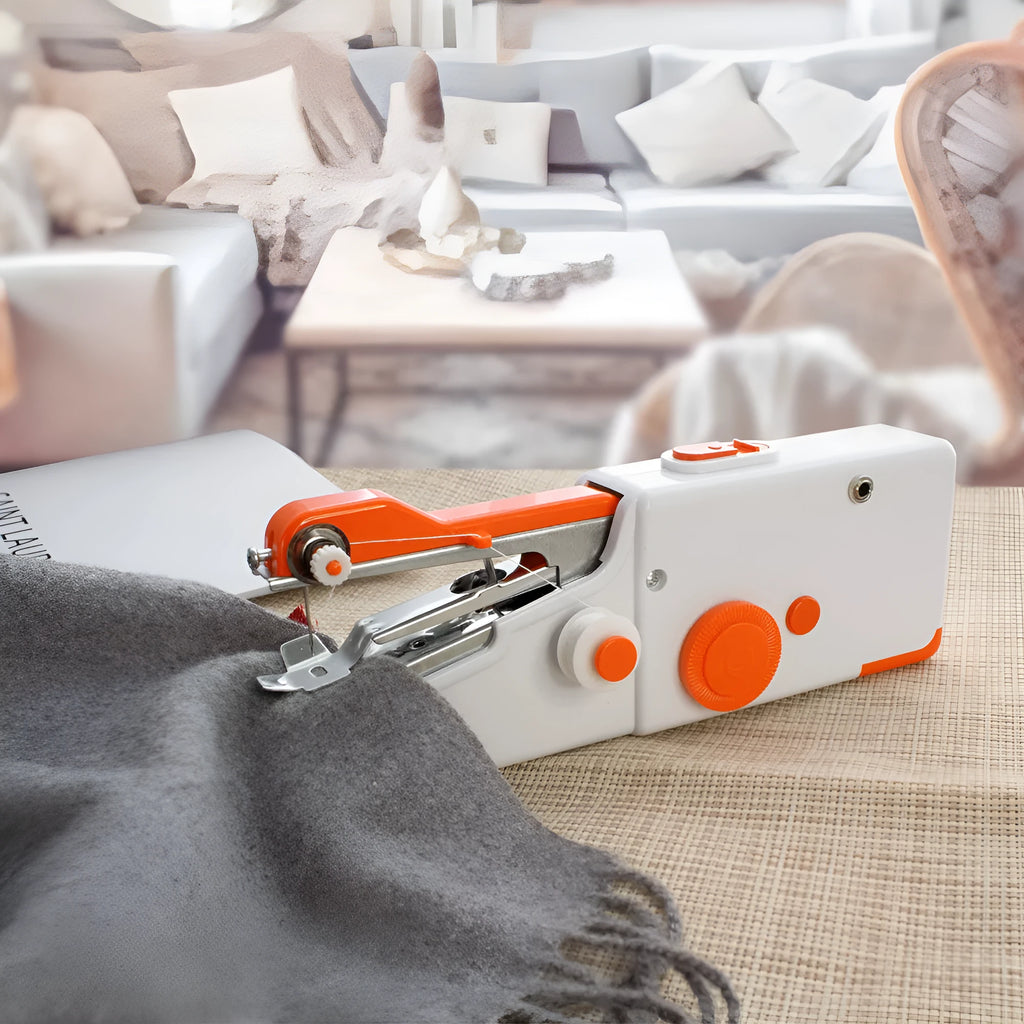 Portable mini handheld sewing machine in black with ABS alloy body, compact 20x7x3 cm size, for cordless sewing of clothes and fabrics