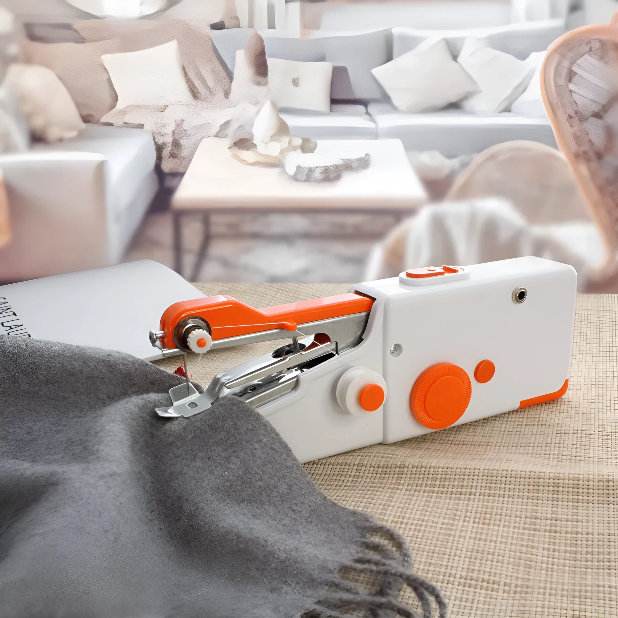 Portable mini handheld sewing machine in black with ABS alloy body, compact 20x7x3 cm size, for cordless sewing of clothes and fabrics