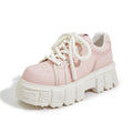 Women's beige leather casual shoes with a 3cm high spring muffin rubber foam sole.