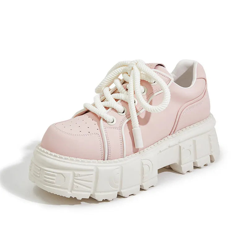 Women's beige leather casual shoes with a 3cm high spring muffin rubber foam sole.