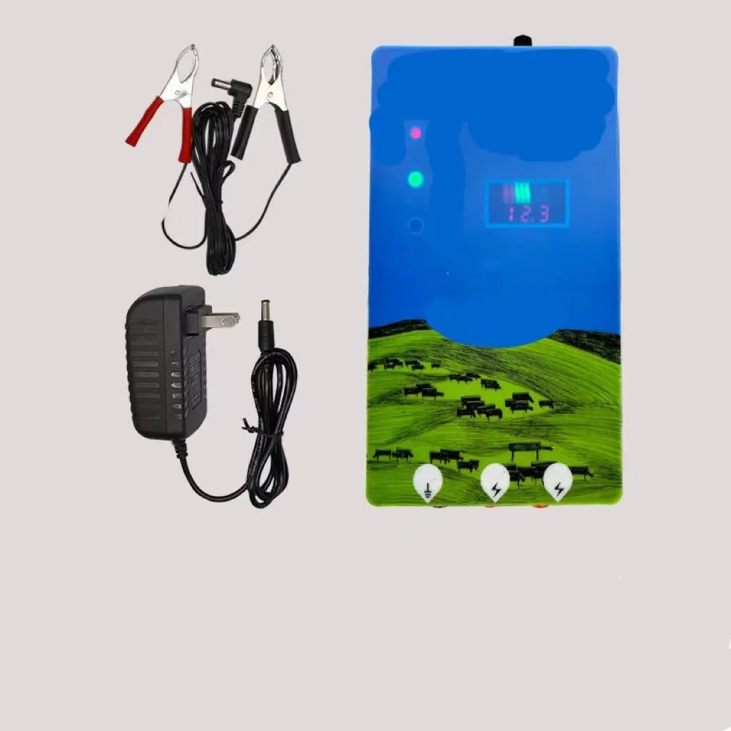 Pasture electric fence control host unit with alarm display and solar panel for livestock containment.