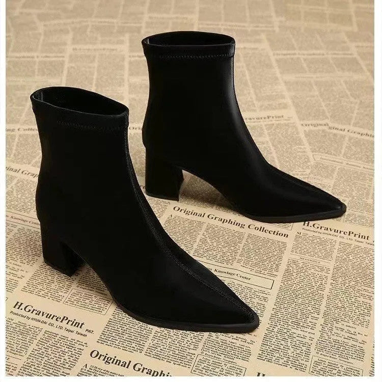 Women's stretch fashion suede pointed Martin boots in khaki with mid heel and rubber sole