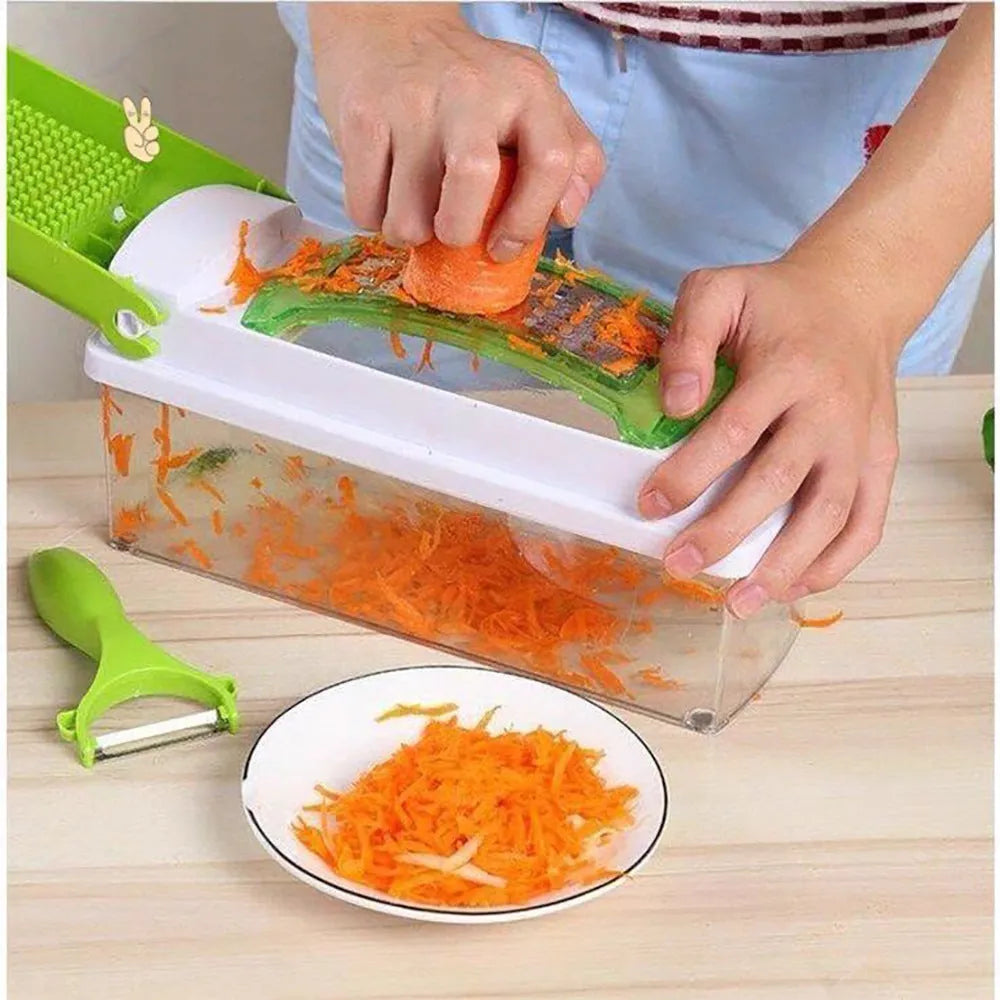 Green 12-piece manual food chopper set with stainless steel blades and ABS plastic body
