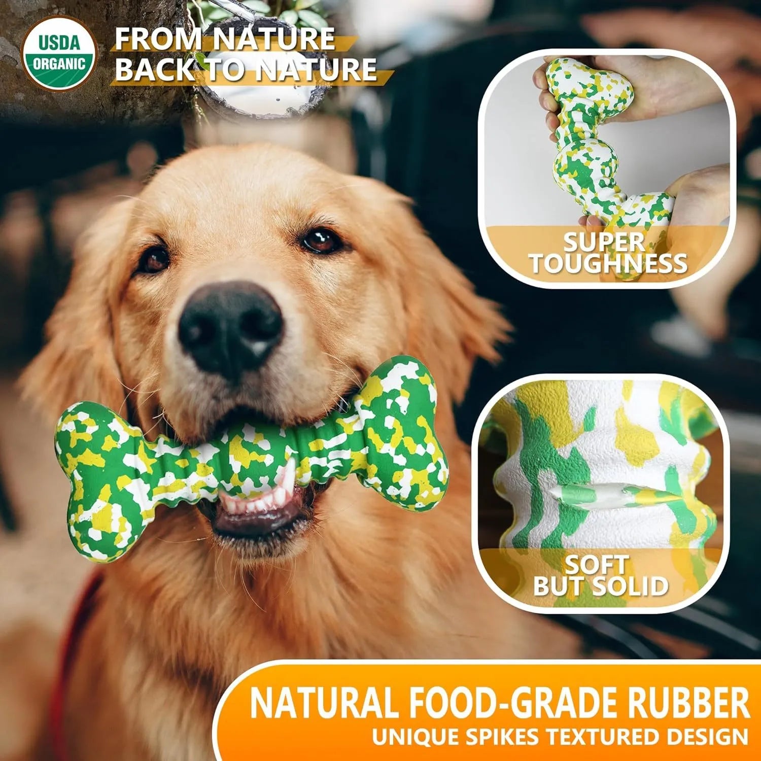 Green, white, and yellow camouflage pattern natural rubber dog chew bone for large breeds.