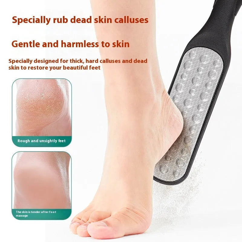Stainless steel foot grinder file with attached sandpaper pad and separate black and white refill packs.