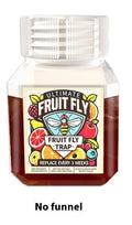 Bottle of SK003 fruit fly trapper bait liquid on a kitchen counter.