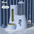 White automatic water feeder and food basin set for hamsters on a blue background.