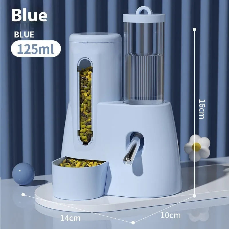 White automatic water feeder and food basin set for hamsters on a blue background.