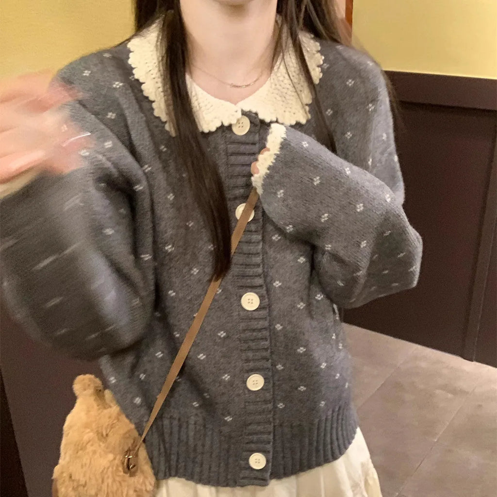 Retro Peter Pan collar knitted cardigan coat with floral embroidery in three colour options