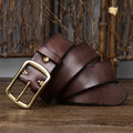 Men's cowhide vintage distressed pleated belt with copper buckle, 3.8cm wide, black brown khaki reddish brown