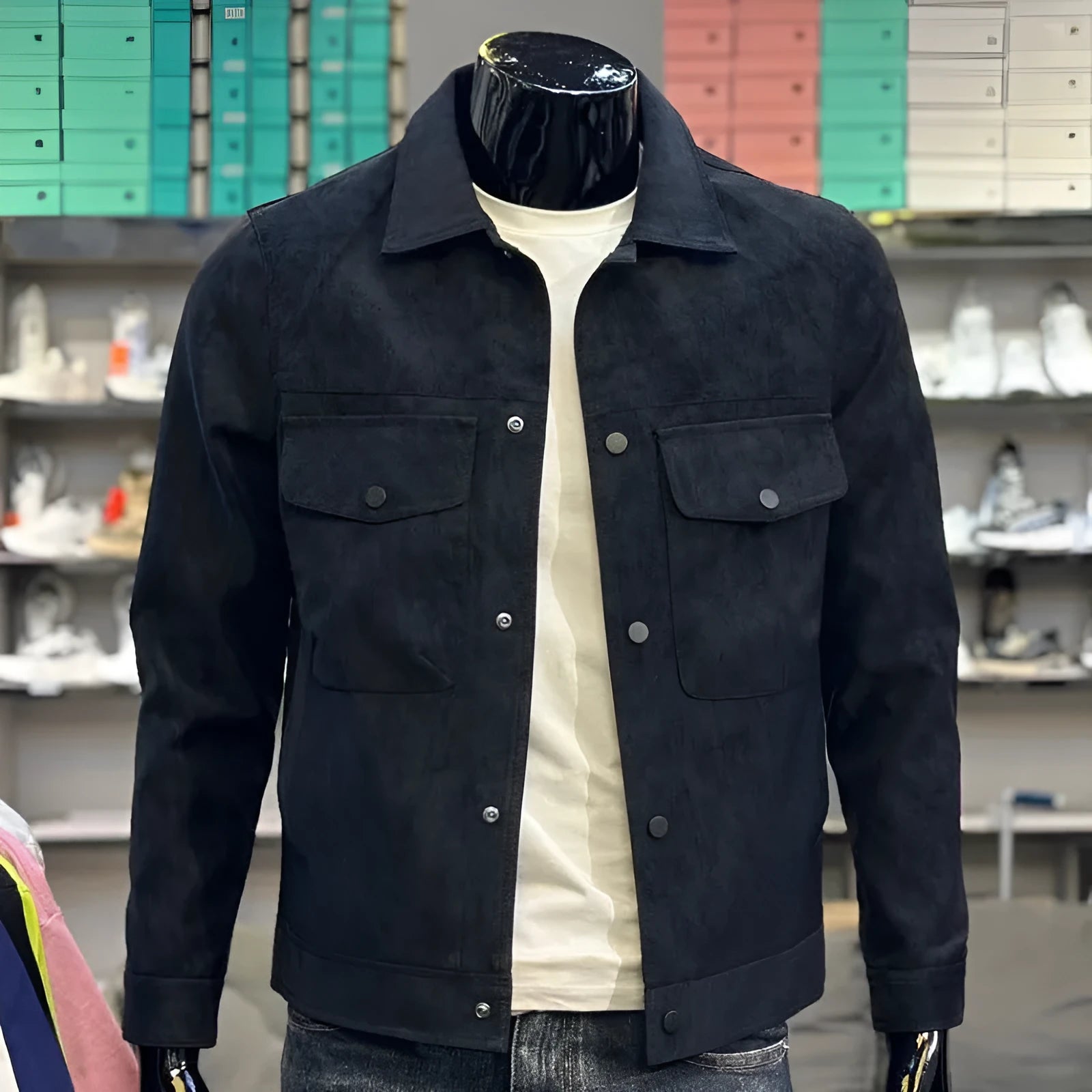 Men's casual suede jacket single-breasted solid black colour front view