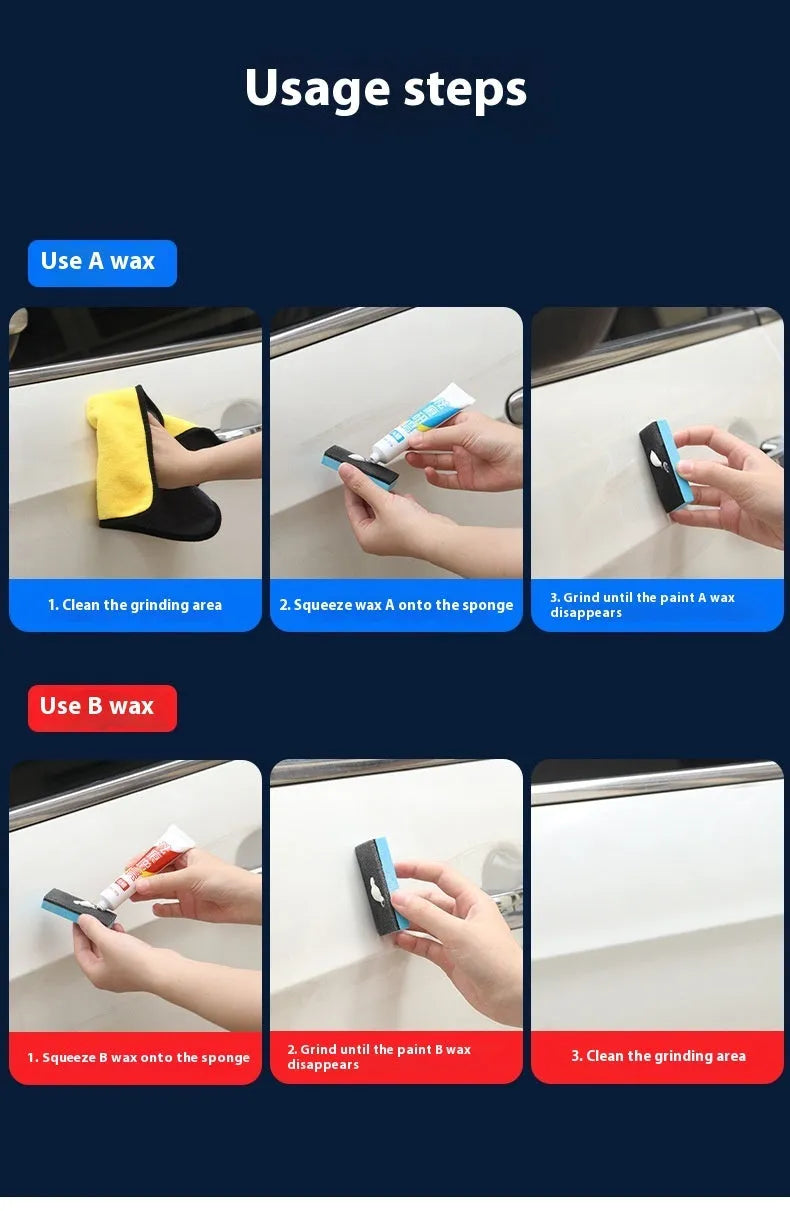 Car repair wax kit with bottles of A and B wax and a frosted sponge mop for scratch removal