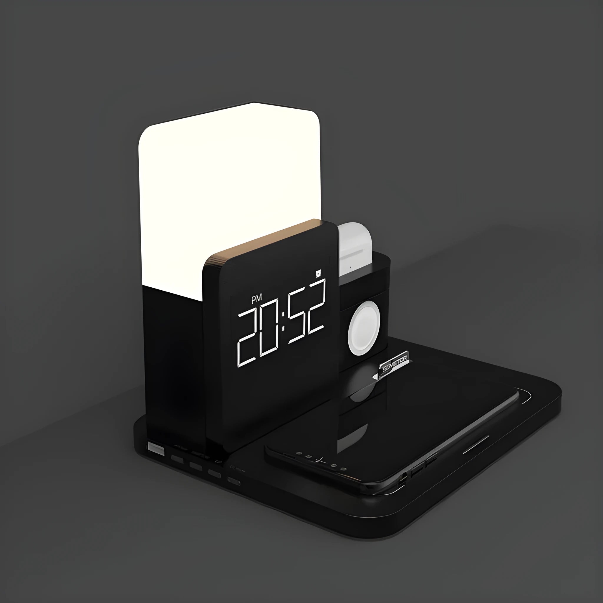 Digital LED alarm clock with night light and magnetic wireless charger in black casing