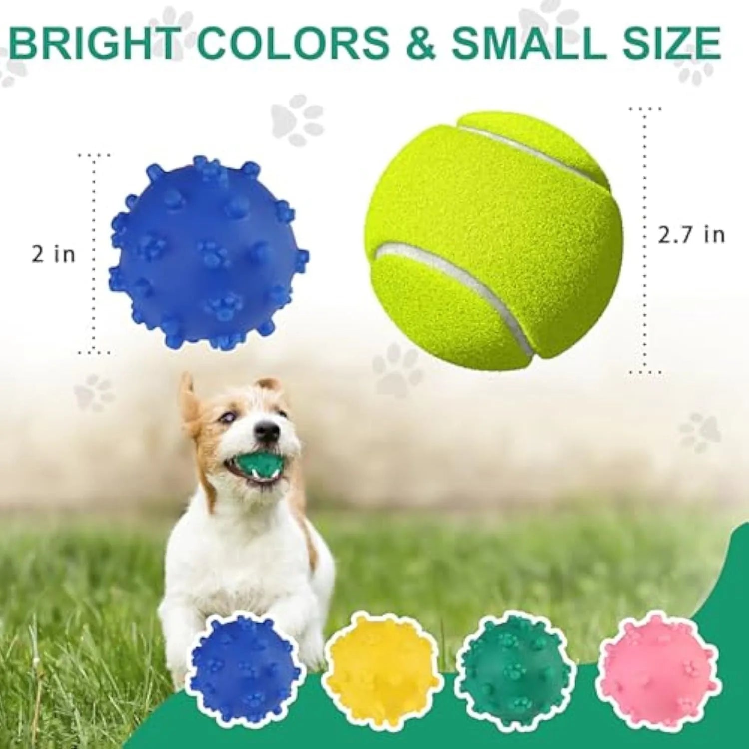 Set of four bright blue, green, pink, and yellow 2-inch squeaky dog toy balls with a textured, dimpled surface.