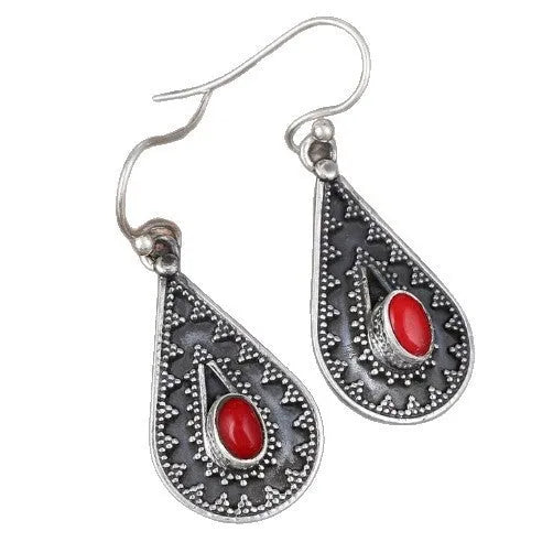 Silver drop earrings with red pine gemstone in water drop shape, vintage floral detailing