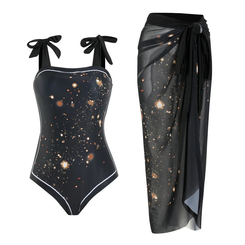 Floral print conservative one-piece swimsuit with mesh tube top and matching skirt in polyester