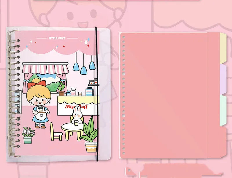 B5 replacement core notebook for detachable big coil binders with whimsical design options showing Snowman, Autumn Travel, Dessert House and Little Witch themes