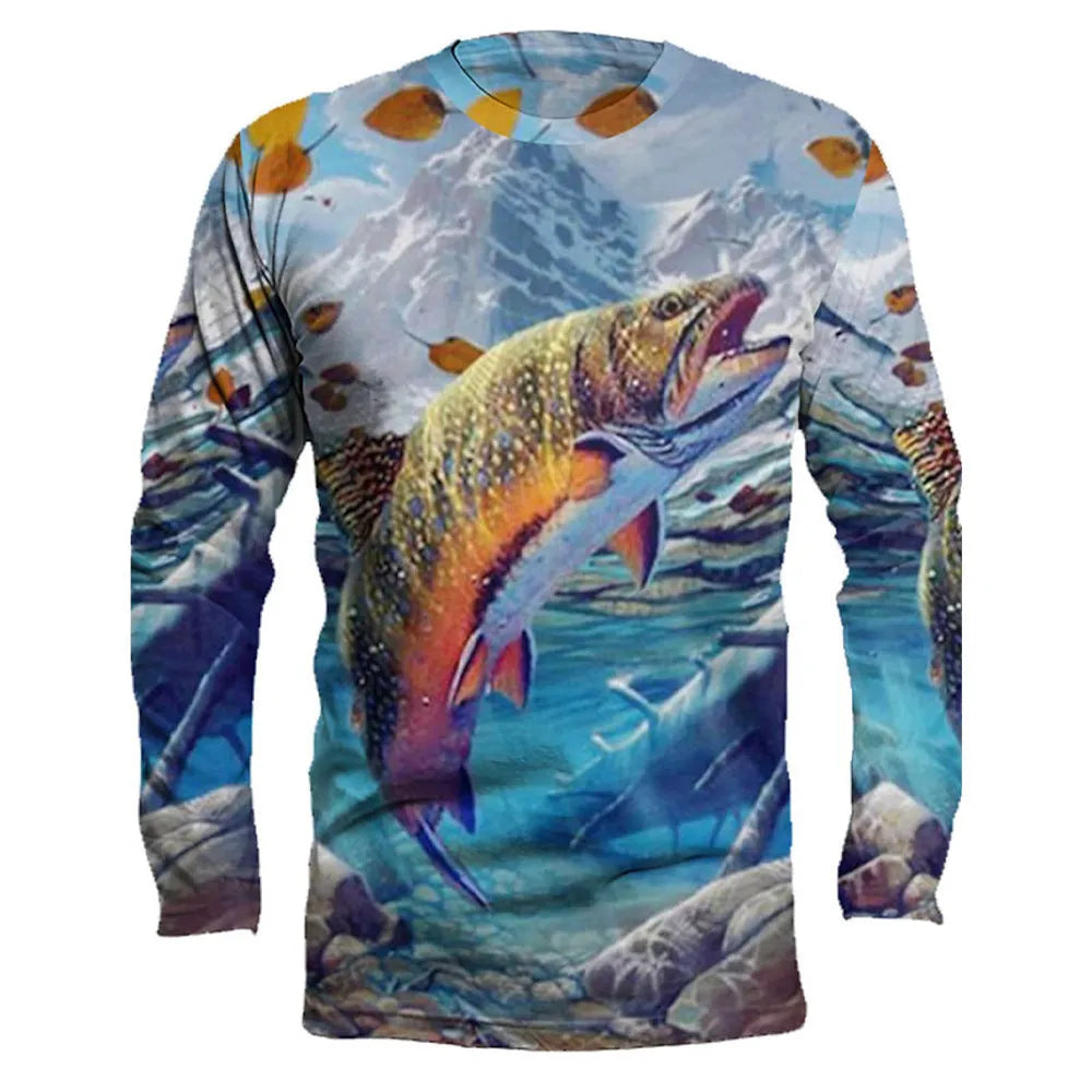 Men's fish printed long-sleeved pullover top in milk silk polyester fabric showing round neck design