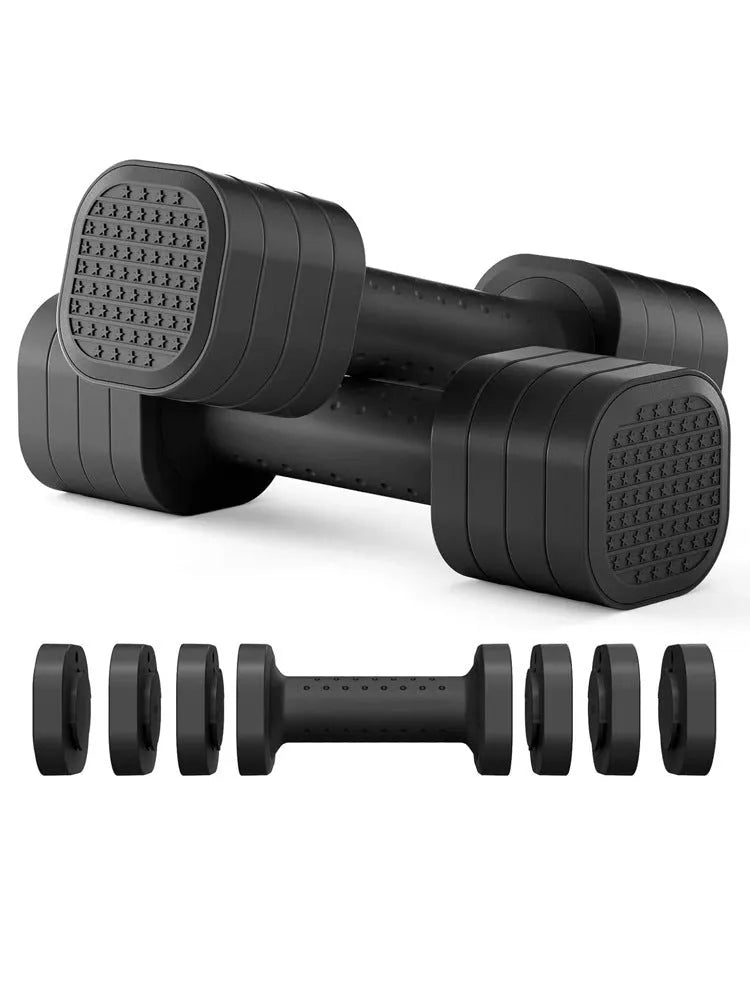 Set of pink detachable ABS plastic dumbbells for women's fitness, showing 5 lb weight.
