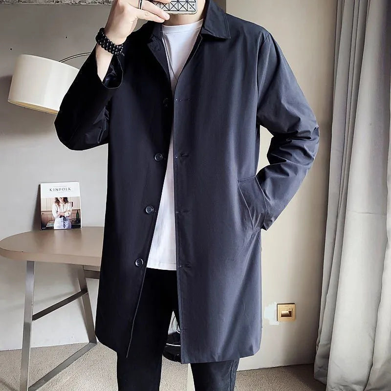 Men's khaki loose fit mid-length trench coat made from rabbit fur fabric